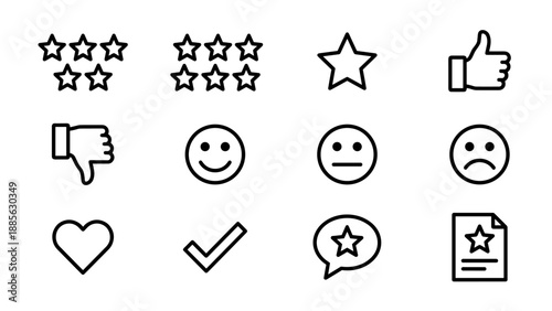 Customer feedback and rating icons set. Five star review symbols, thumbs up and down, smiley faces, heart, checkmark, and star badge. Minimalist line art vector design for UX and UI evaluation