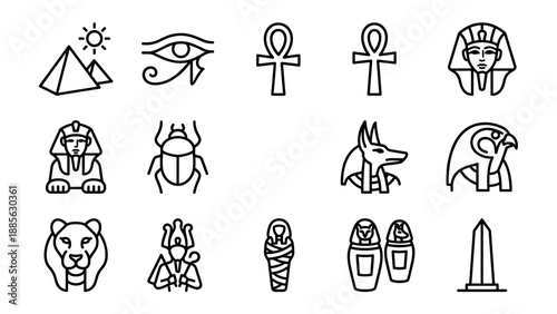 Ancient Egypt symbols and mythology icons set. Pyramids, pharaoh masks, ankh cross, Eye of Horus, sphinx, scarab beetle, Anubis, falcon god, mummy, canopic jars, and obelisk in minimalist line style.