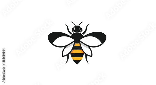 Cartoon bee with black head and wings, striped yellow body
