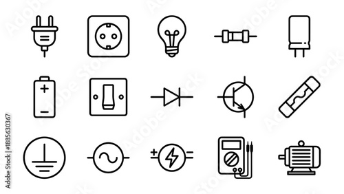 Set of 15 Minimalist Electricity and Electronic Circuit Line Icons. Includes Plug, Socket, Light Bulb, Resistor, Capacitor, Battery, Switch, Diode, Transistor, Fuse, Ground, AC Source, Power Symbol,