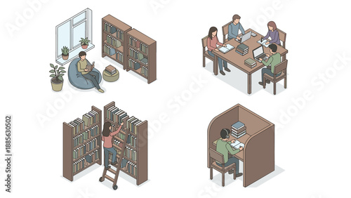 Isometric vector illustration set of library scenes featuring people studying, reading on a beanbag, group work at a table, browsing bookshelves on a ladder, and learning in a private booth.