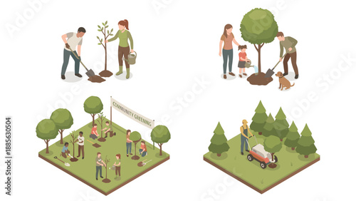 Isometric Vector Illustration Set of People Planting Trees and Gardening Scenes for Community Greening, Reforestation, and Environmental Sustainability Projects on a Clean White Background.