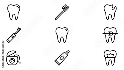 Minimalist Line Art Dental Icon Set Featuring Healthy and Broken Teeth, Electric Toothbrush, Toothpaste Tube, Dental Floss, Braces, and Crown for Oral Health and Hygiene Graphic Design Projects