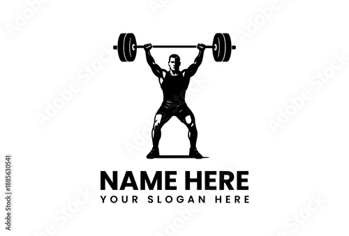 Black silhouette of a weightlifter lifting a barbell overhead on a white background with placeholder text for a logo or brand.