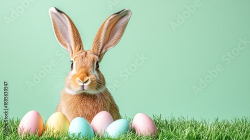 Funny easter concept holiday animal celebration greeting card - easter bunny, rabbit with easter eggs on meadow, isolated on aquamarine background