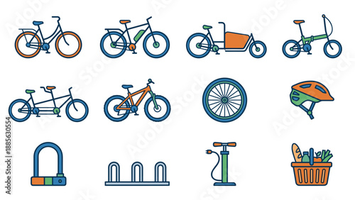 Set of 12 Bicycle and Cycling Icons in a Clean Geometric Style Featuring Mountain Bike, Electric E-bike, Cargo Bike, Tandem, Folding Bike, Helmet, U-lock, Pump, Wheel, and Rack for Urban Transport.