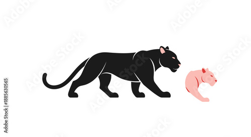 Black panther strides near a smaller, rose-colored cat