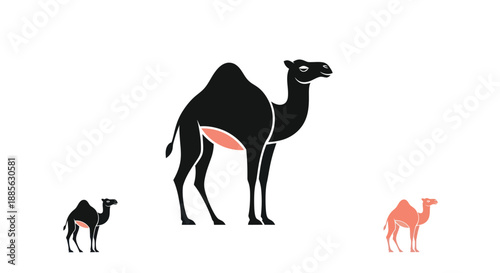Graphic camels 1 large, black with pink detail, and 2 smaller, in black and pink, against white