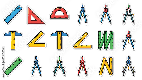 Vibrant vector set of 16 sticker-style mathematics and drafting tool icons featuring rulers, protractors, set squares, T-squares, and compasses, neatly ordered on a clean white background.