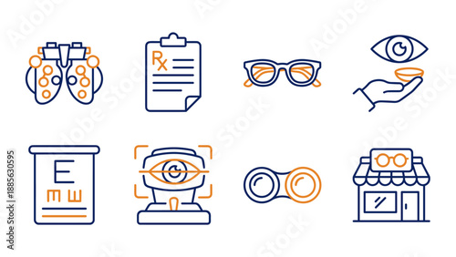 Optometry icon set. Eye examination equipment. Vision test chart. Eyeglasses frames. Contact lens care. Optical store. Medical prescription Rx. Ophthalmology clinic. Eye health care