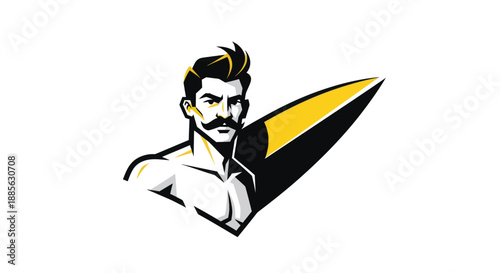 Surfer graphic with stylized hair and mustache