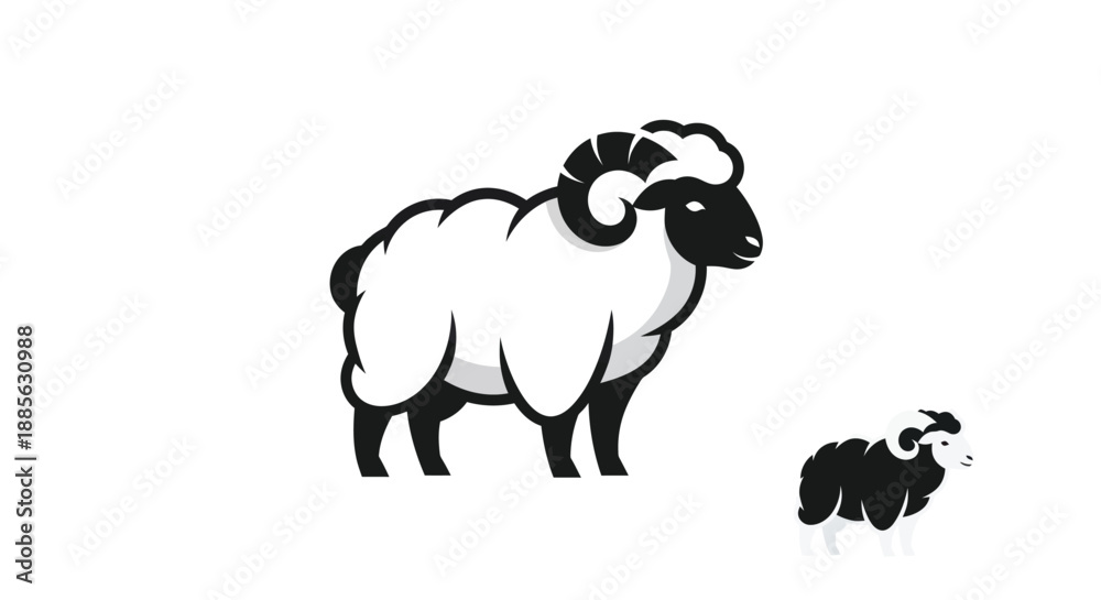 Obraz premium Graphic Stylized sheep, large & small, B&W illustration