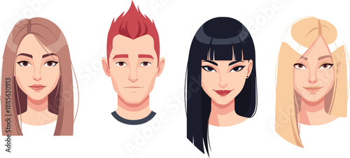 Portrait icon set with diverse hairstyles and expressions, vector illustration, editable design, isolated character and avatar symbols
