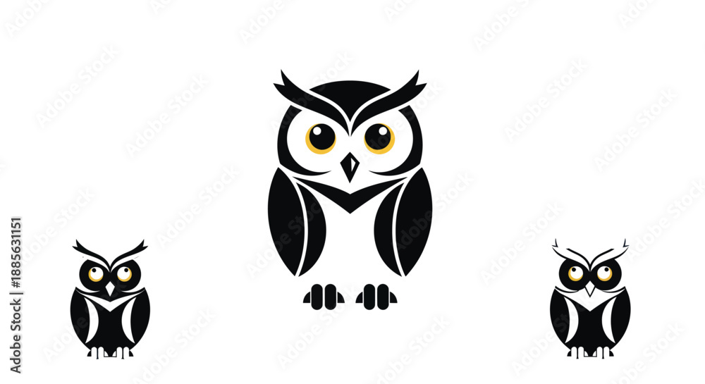 Obraz premium Three owls. Central one is large, black with yellow eyes, simplified shapes