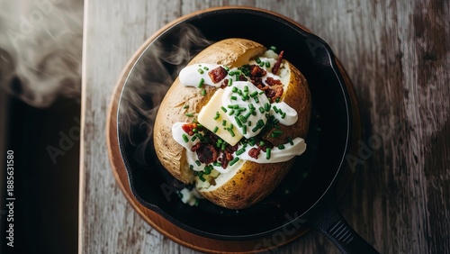 Gourmet hot dog with toppings in wooden bowl on rustic table