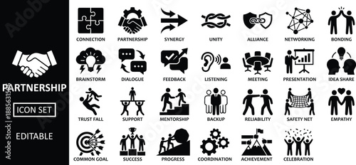 Partnership and collaboration icons set featuring trust fall synergy mentorship and common goal pictograms for professional networking team bonding and business alliance