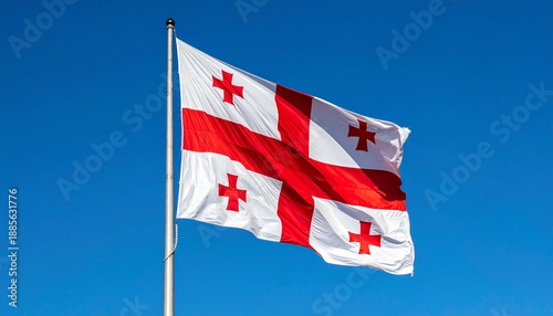 Georgian Five Cross Flag Waving Against Blue Sky