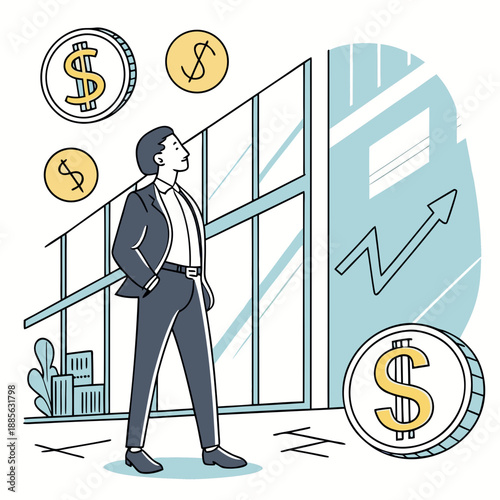 Businessman standing in front of graph with coins floating around