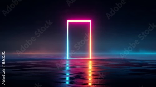 Neon-lit rectangular portal glowing pink and blue above calm water at night with reflections on the surface.