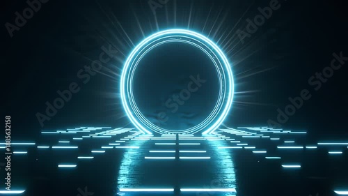 Glowing blue portal with radiant lines and rectangular grid pattern on a dark background with a futuristic and technological mood.