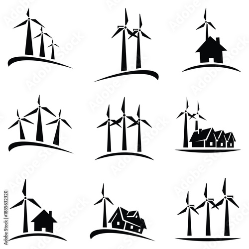 Wind Turbine Renewable Energy Icon Set – Eco-Friendly Power Silhouettes and Vector Illustrations