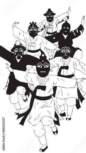 Dynamic group of masked ninjas in coordinated action and combat pose.