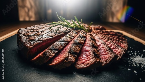 Grilled medium rare steak with rosemary on dark slate board close up