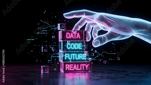 Glowing hand interacting with neon data blocks in futuristic tech environment