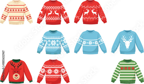Christmas sweater vector set with festive winter jumpers, reindeer patterns, holiday knitwear and cozy seasonal clothing isolated on white background for apparel design