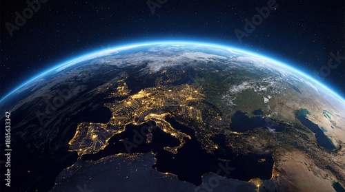 Earth at Night, Europe Illuminated by City Lights from Space, Atmospheric Glow