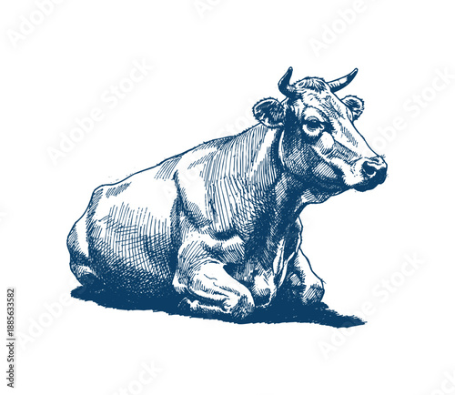 A finely detailed blue engraving depicts a cow resting on its side, showcasing its muscular form and horns. Hand drawn engraving style vector.