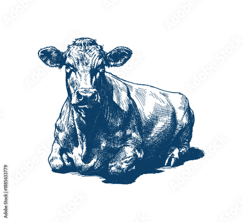 A realistic ink sketch of a cow lying down, showcasing its textured fur and gentle expression. Hand drawn engraving style vector.