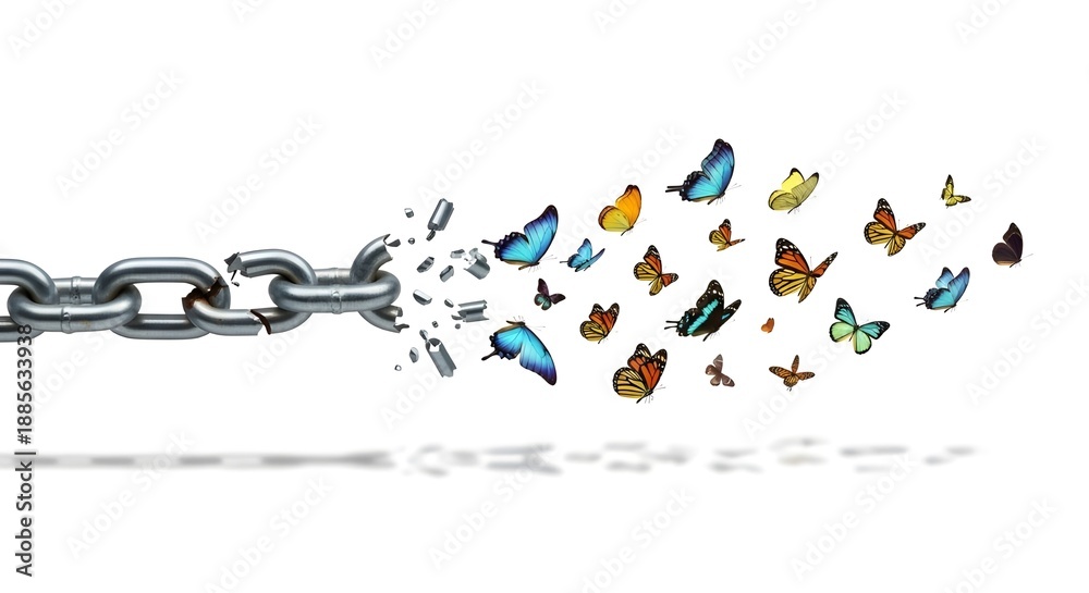 Naklejka premium A powerful conceptual image of a heavy metal chain breaking apart, with the shattered links transforming into a swarm of colorful butterflies flying away on a white background.