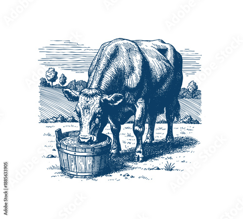 A detailed illustration of a cow drinking water from a rustic wooden bucket, rendered in a classic engraving style. Hand drawn engraving style vector.