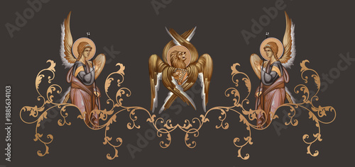 Wallpaper Mural Leo Mark Apostle symbol. Decorative vintage border with angels, illustration in Byzantine style Torontodigital.ca