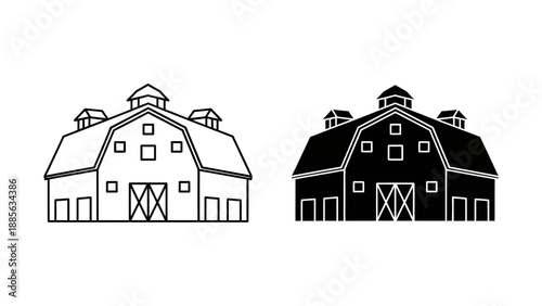A minimalist vector illustration of two barns in black and white