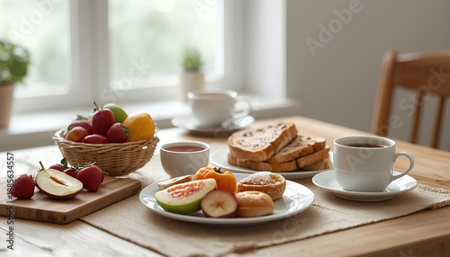 Wallpaper Mural "Healthy breakfast spread on a wooden table with coffee, toast, and fresh berries; bright morning sunlight through the window in a cozy dining room." Torontodigital.ca