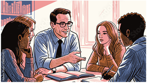 Team brainstorming session with diverse group in modern office