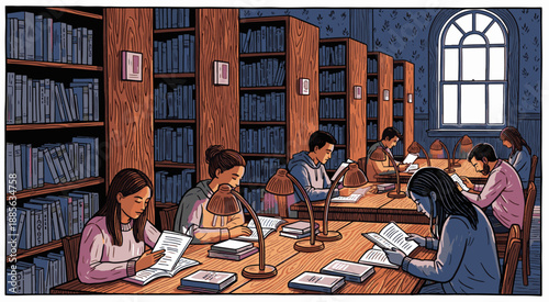Students Studying in a Quiet Library with Wooden Bookshelves