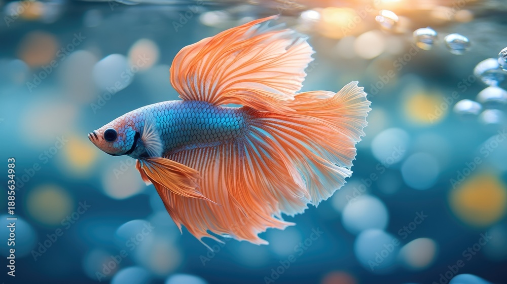 Fototapeta premium Vibrant Betta Fish Gliding Gracefully Through Clear Water with Colorful Bokeh Background and Bubbles Creating an Underwater Wonderland Atmosphere