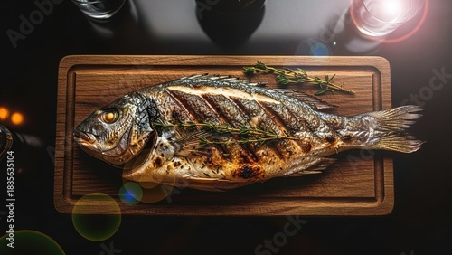 Grilled whole sea bass on wooden board with herbs and lemon in rustic kitchen