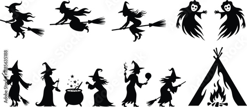 Halloween witch silhouette set flying broom casting spells ghosts magic icons, spooky fantasy sorcery celebration concept, black illustrations isolated on white background