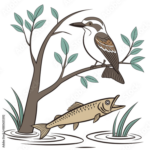 Kingfisher bird catching fish from tree branch over water