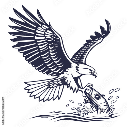 Dark blue eagle catching fish from water bird predatory bird
