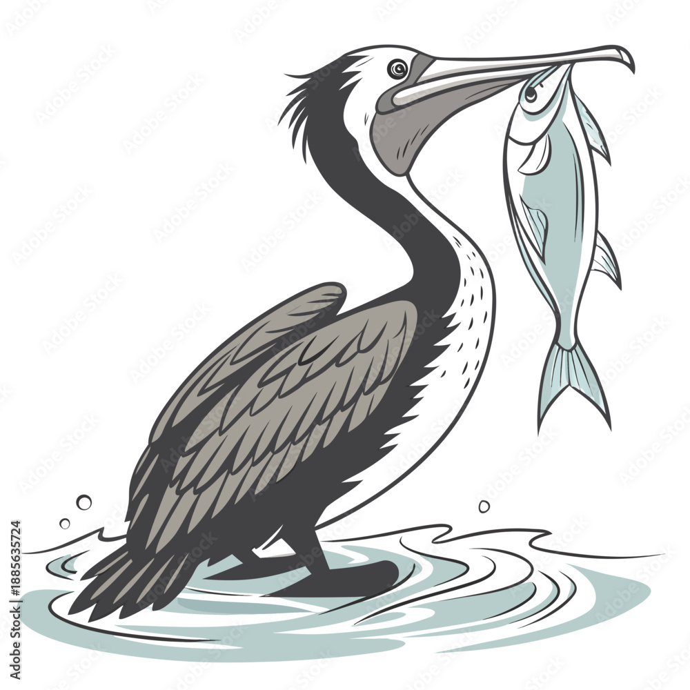 Fototapeta premium Pelican holding fish in water bird gray