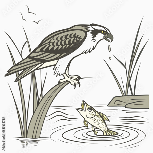 Osprey standing on reed catching fish from water bird