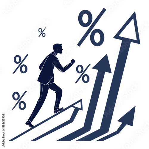 Businessman running up arrows with percentage signs