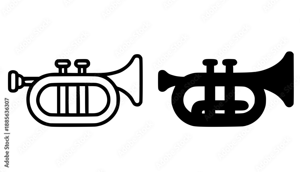 Αυτοκόλλητο Trumpet illustration icon, black and white in outline and silhouette style