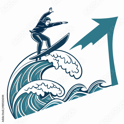 Surfer riding wave shaped arrow on white background