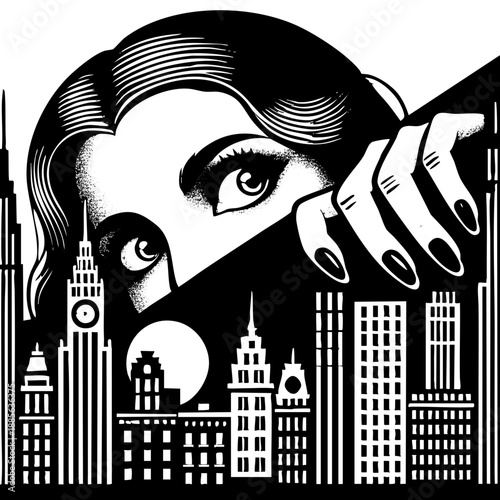 Giant Face: Woman's face appearing behind city skyscrapers.